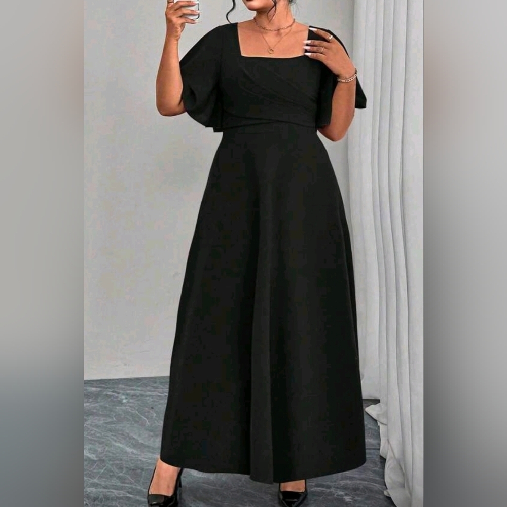 New Flowy Square Wrap Top Midi Dress PLUS Flutter Short Sleeve Black